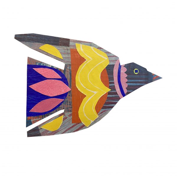 Colourful abstract and stylized wooden printed bird with bright yellow, orange, blue and pink collaged decorations on it's surface.