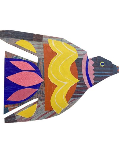 Colourful abstract and stylized wooden printed bird with bright yellow, orange, blue and pink collaged decorations on it's surface.
