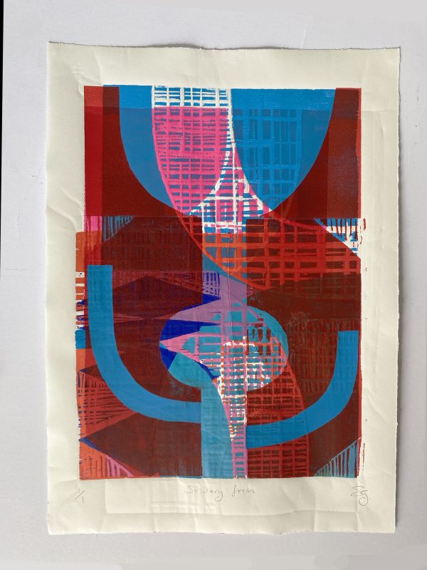 abstract woodcut print in light and dark reds, blue, pink and