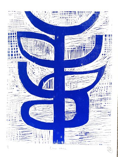 woodcut print in ultramarine blue