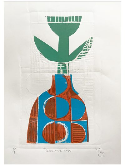 Woodcut print 1/1 of an orange and blue vase and semi abstract flower in green
