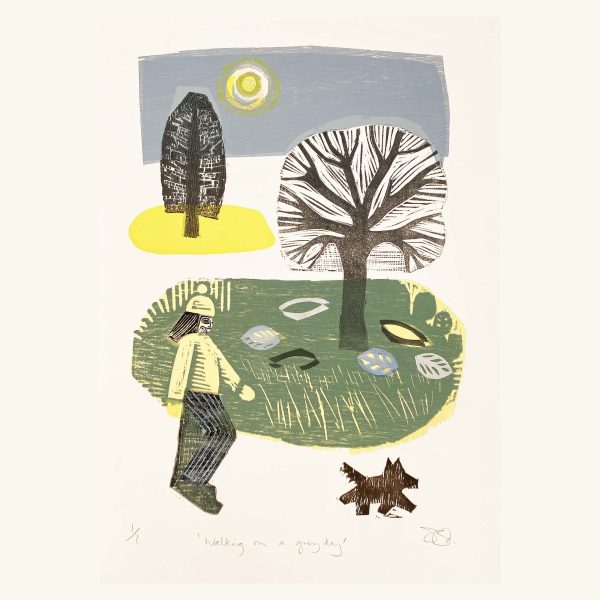 Woodcut and stamp print of stylised figure walking with a dog through a landscape of trees