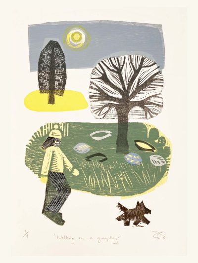 woodcut image of stylised figure walking a dog in a landscape with two trys and leaves on the ground
