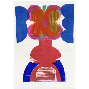 Full bloom woodcut print 1/1 Abstract floral print in mostly red and blue with yellow, green and pink areas
