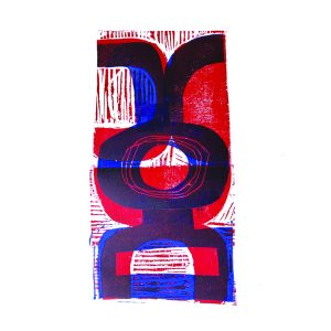 Blue & Red Abstract print from original wood and linocut print.
