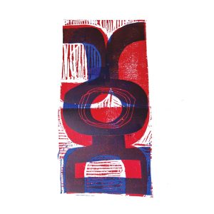 Blue & Red abstract print from original wood and lincut print