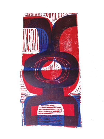 Blue & Red abstract print from original wood and lincut print