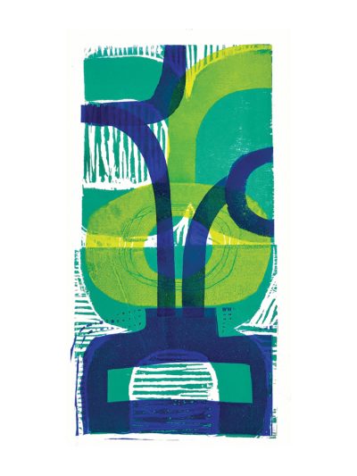 Greens & Blues abstract print from an original wood, linocut and stamp print.