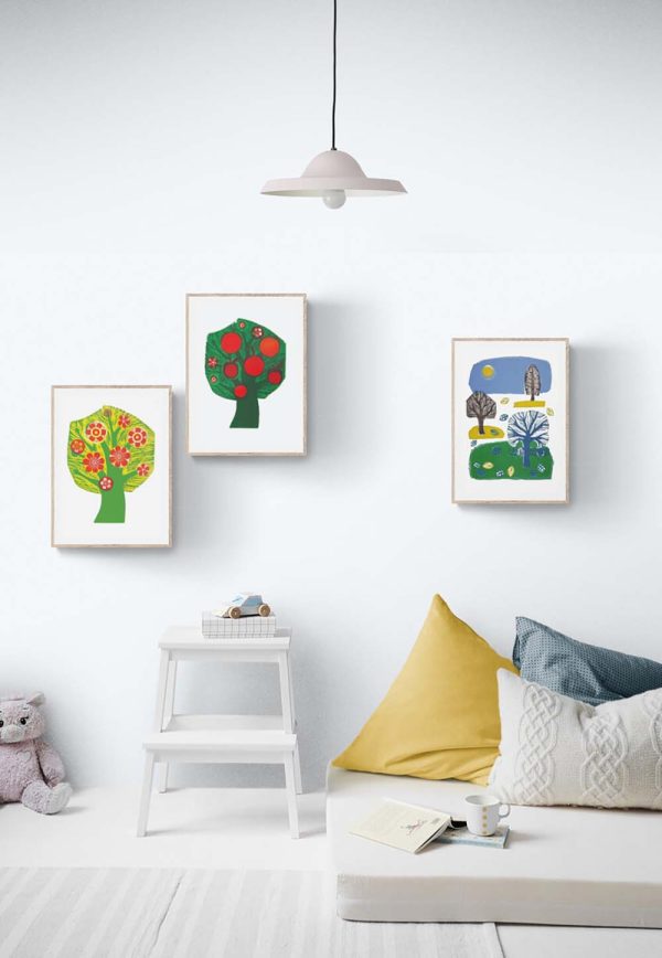 Tree in blossom, Apple tree and Falling leaves prints in frames in a room