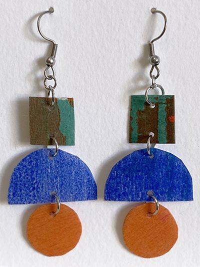 Earrings made up of colourful square, semi circle and circle.
