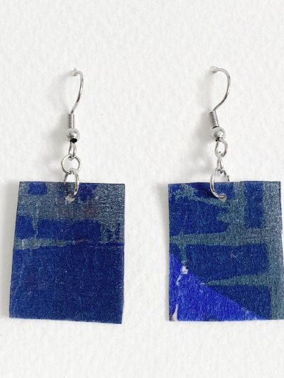rectangular earrings with woodcut printed grey/purple colour.