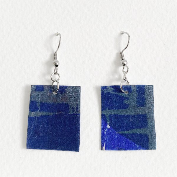 rectangular earrings with woodcut printed grey/purple colour.