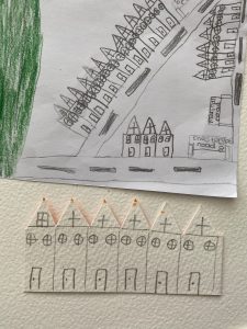 drawing and collage of houses