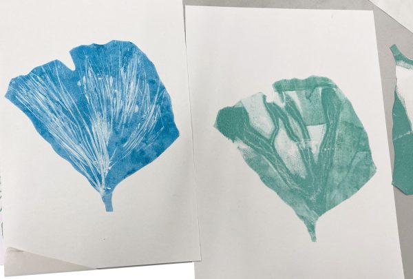 blue and green leaf prints onto paper