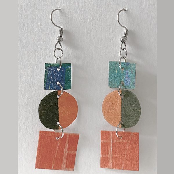 Earrings from recycled woodcut printed lampshade fabric