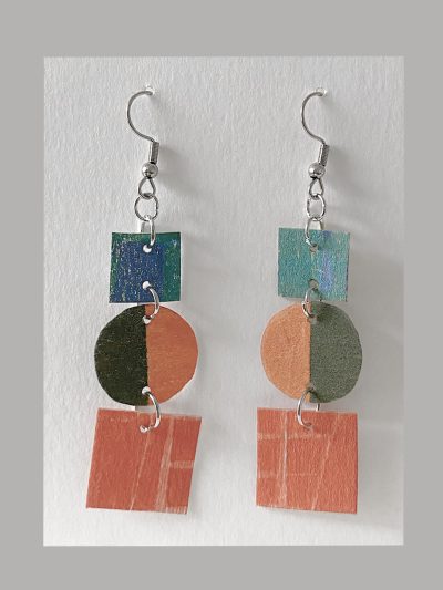 Colourful dangly earrings from recycled lampshade fabric
