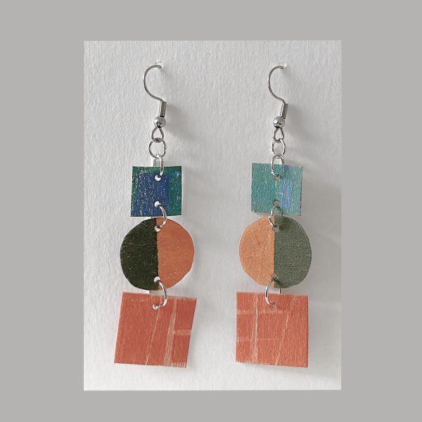 Colourful dangly earrings from recycled lampshade fabric