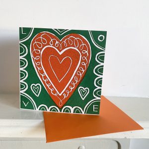 Green and Orange Love Heart card and envelope