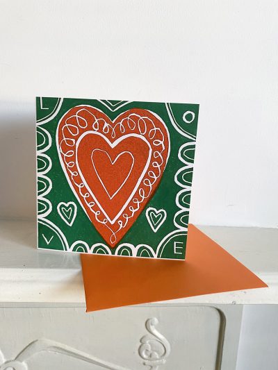 Green and Orange Love Heart card and envelope