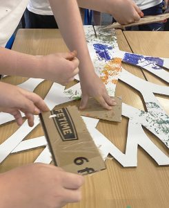 Y4 printing onto tree with collagraph blocks