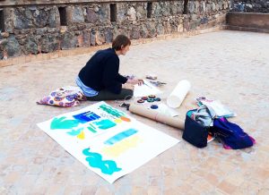 sam in morocco making the Jardin Majorelle collage
